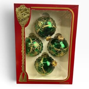 Victoria Collection Green Gold Glitter Poinsettia Glass Ornaments Set of 4 USA